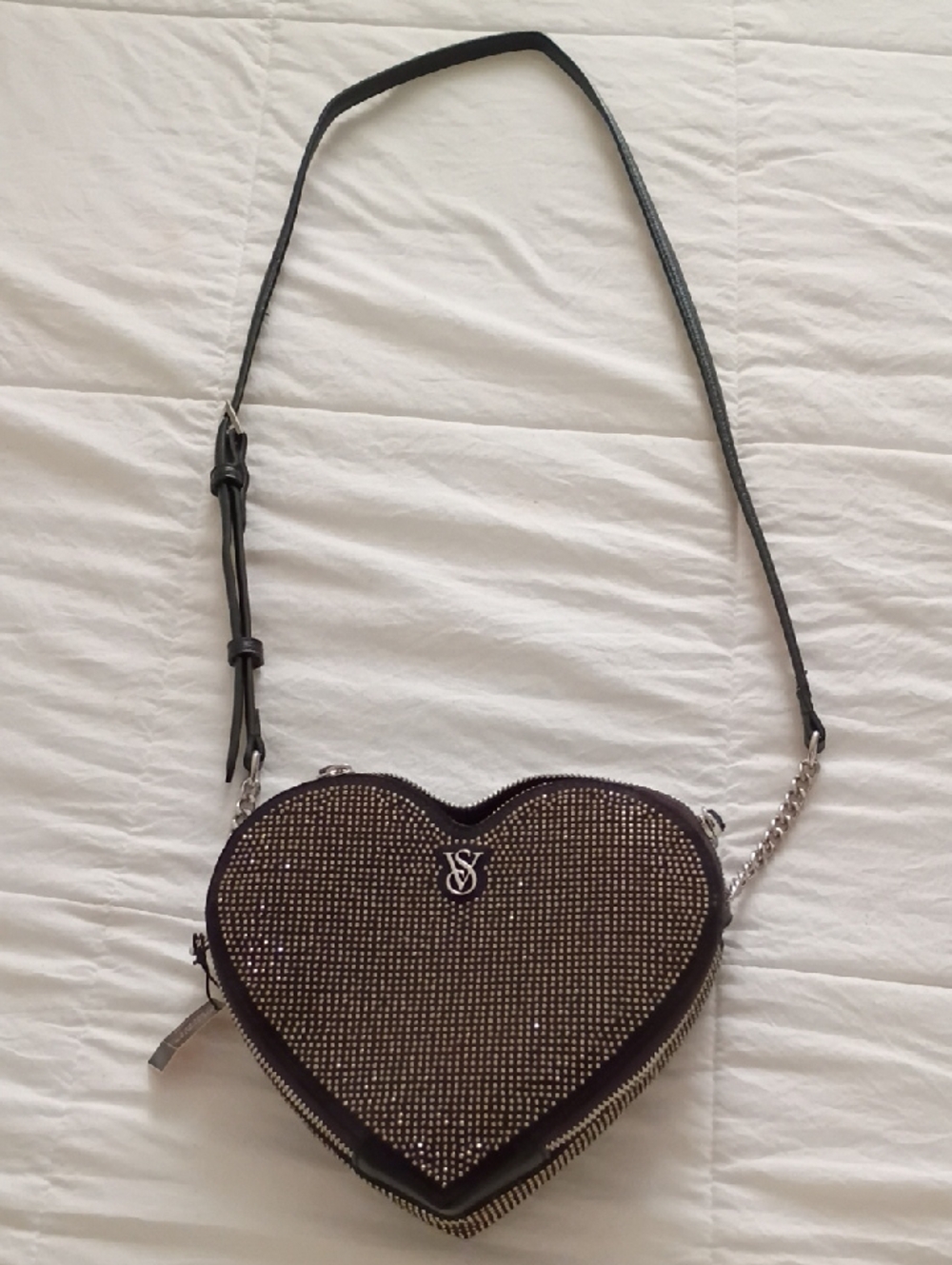 Victoria's Secret Black Heart Mini Crossbody with Silver Crystals